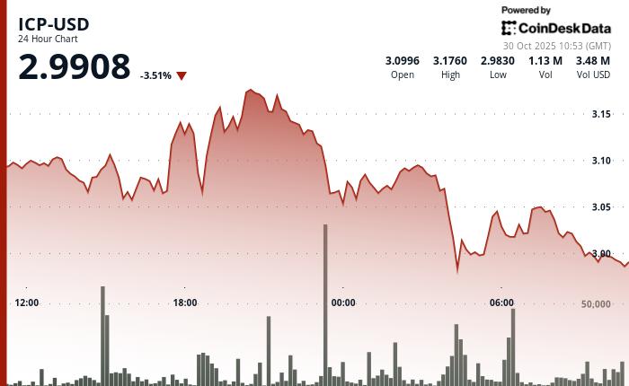 ICP股价从3.15美元阻力位反弹后回落至2.99美元